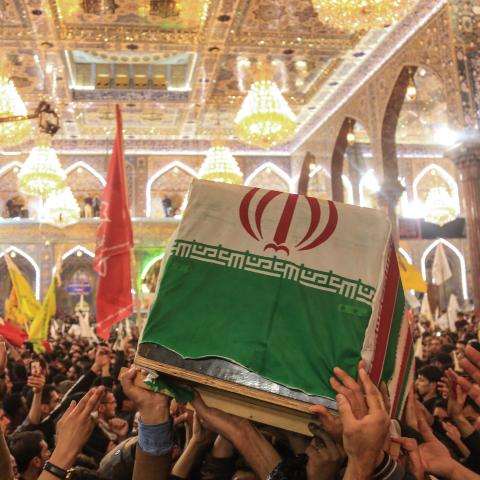 Mourners carry the coffins of slain Iraqi paramilitary chief Abu Mahdi al-Muhandis in the holy Iraqi city of Karbala, during a funeral procession on January 4, 2020. (Mohammed Sawaf via Getty Images)