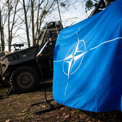 A NATO flag seen during the NATO Dragon 24 military exercise on March 4, 2024, in Korzeniewo, Poland. (Getty Images)