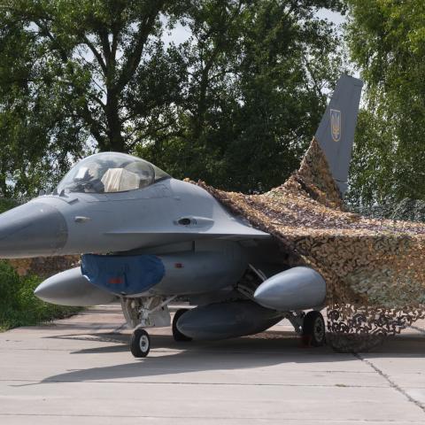 The first General Dynamics F-16 Fighting Falcons received by Ukraine fly on the Day of Ukrainian Air Force on August 4, 2024. (Vitalii Nosach via Getty Images)