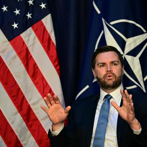 US Vice President JD Vance speaks with NATO Secretary General during a meeting in Munich, southern Germany, on February 14, 2025. (Tobias Schwarz via Getty Images)