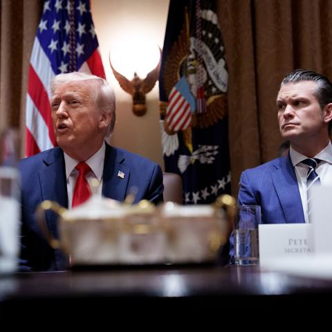 US President Donald Trump, accompanied by Defense Secretary Pete Hegseth, speaks during a Cabinet meeting at the White House on February 26, 2025, in Washington, DC. (Andrew Harnik via Getty Images)