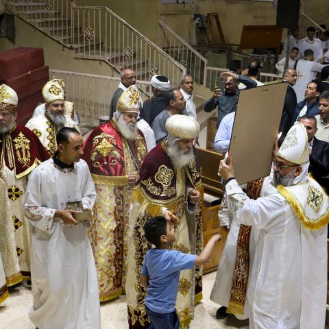 Coptic Orthodox Christians gather for an Easter service at the Monastery of Saint Simon the Tanner, located in the Mokattam Mountain area of Cairo, on April 19, 2025. (Ahmed Sayed via Getty Images)