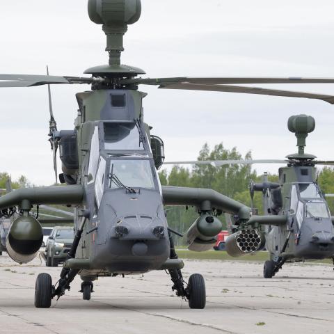 German Air Force helicopters get ready to take off in Panevezis, Lithuania, on May 6, 2025, during the Griffin Lightning 2025 military exercises. (Getty Images)