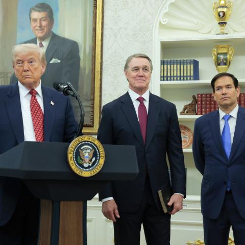 President Donald Trump speaks during a swearing-in ceremony for US Ambassador to China David Perdue on May 7, 2025, in Washington, DC. (Anna Moneymaker via Getty Images)