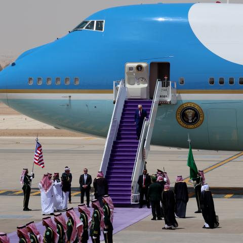 President Donald Trump disembarks from Air Force One as he arrives at King Khalid International Airport on May 13, 2025, in Riyadh, Saudi Arabia. (Win McNamee via Getty Images)