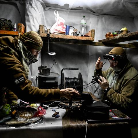 Fighters of the UAV unit of the Striletskyi Special Police Battalion of the Zaporizhzhia Regional Police Department in Ukraine on May 23, 2025. (Dmytro Smolienko via Getty Images)