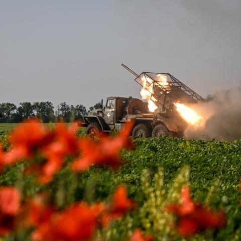 Soldiers of the rocket artillery battery of the 31st Separate Mechanized Brigade carry out a combat mission with a Grad MLR in the Velykomykhailivka direction in Odesa region, Ukraine, on June 6, 2025. (Ukrinform via Getty Images)