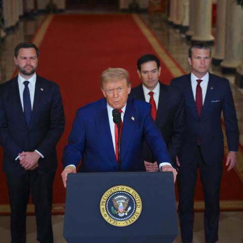 US President Donald Trump addresses the nation, alongside US Vice President JD Vance, US Secretary of State Marco Rubio and US Secretary of Defense Pete Hegseth, from the White House in Washington, DC on June 21, 2025. (Carlos Barria via Getty Images)  