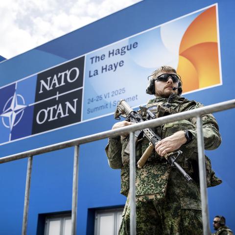 A NATO military force stands guard ahead of the two-day NATO summit at the World Forum in The Hague, Netherlands, on June 22, 2025. (Remko de Waal via Getty Images)
