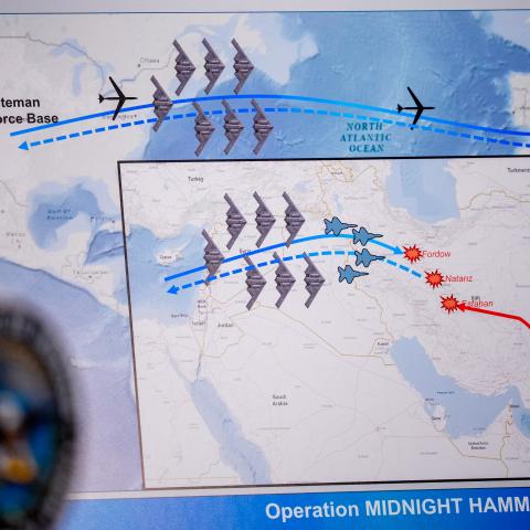 An operational timeline of a strike on Iran is displayed during a news conference with Chairman of the Joint Chiefs of Staff Air Force Gen Dan Caine. (Andrew Harnik via Getty Images)