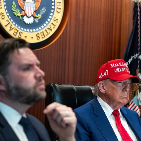 President Donald Trump and Vice President JD Vance sit in the Situation Room at the White House on June 21, 2025, in Washington, DC. (Daniel Torok via Getty Images)