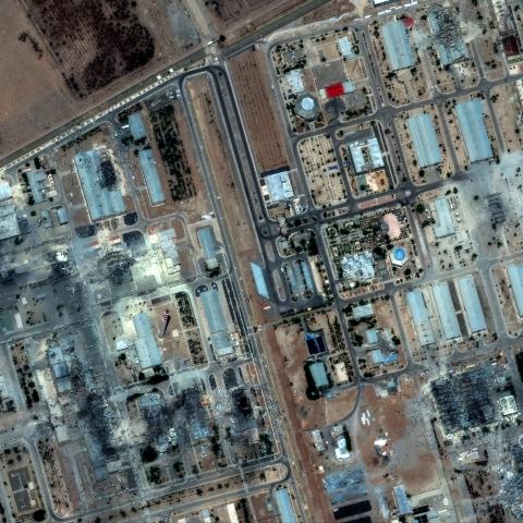 Maxar satellite imagery from June 22, 2025, shows extensive building damage across the Isfahan Nuclear Technology Center following recent airstrikes. Multiple rooftops appear collapsed or charred in today's post-strike image. (Maxar Technologies satellite image via Getty Images)