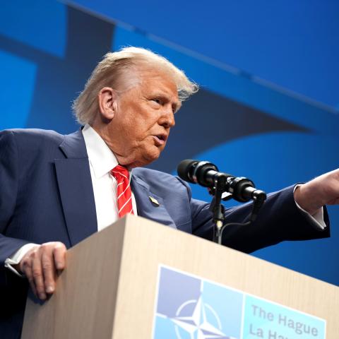 US President Donald Trump gestures as he speaks to the press following the NATO summit on June 25, 2025, in The Hague, Netherlands. (Andrew Harnik via Getty Images)