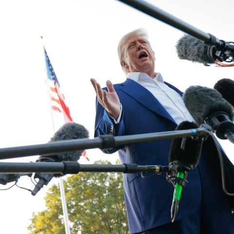President Donald Trump speaks to reporters before boarding Marine One and departing the White House on June 24, 2025, less than 12 hours after announcing a ceasefire between Israel and Iran. (Chip Somodevilla via Getty Images)