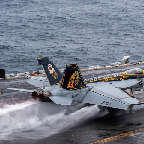 An F/A-18E Super Hornet launches from the flight deck of the Nimitz-class aircraft carrier USS Carl Vinson on February 4, 2025. (US Navy photo)