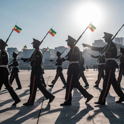 Members of a military music band march during a rally in Addis Ababa, Ethiopia, on November 7, 2021, in support of the national defense forces. (Eduardo Soteras via Getty Images)