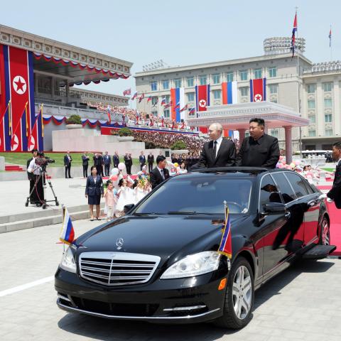 North Korean leader Kim Jong Un and Russian President Vladimir Putin attend a welcoming ceremony at Kim Il Sung Square in Pyongyang on June 19, 2024. (Getty Images)