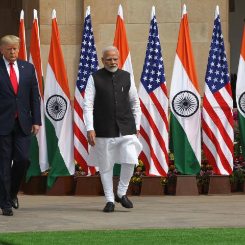US President Donald Trump, first lady Melania Trump and Indian Prime Minister Narendra Modi walk for a photo-op before their meeting at Hyderabad House, Tuesday, February 25, 2020, in New Delhi, India. (Sondeep Shankar via Getty Images)