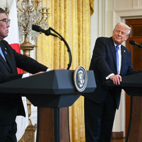 US President Donald Trump looks on as Japanese Prime Minister Shigeru Ishiba speaks during a joint press conference in the East Room of the White House in Washington, DC, on February 7, 2025. (Jim Watson via Getty Images)