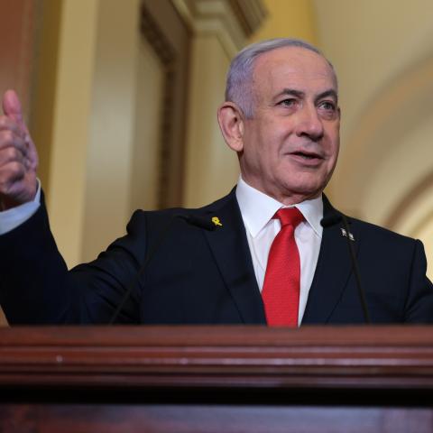 Israeli Prime Minister Benjamin Netanyahu delivers remarks following a meeting with US Speaker of the House Mike Johnson at the US Capitol on February 7, 2025, in Washington, DC. (Kayla Bartkowski via Getty Images)