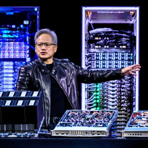 Nvidia CEO Jensen Huang speaks about new products as he delivers the keynote address at the GTC AI Conference in San Jose, California, on March 18, 2025. (Josh Edelson via Getty Images)
