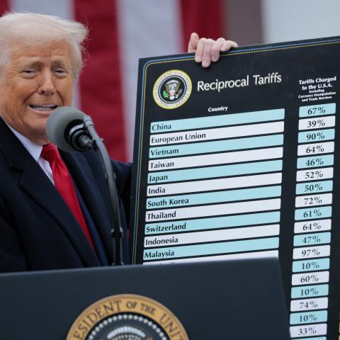 US President Donald Trump holds up a chart of "reciprocal tariffs" at the White House on April 2, 2025, in Washington, DC. (Chip Somodevilla via Getty Images)