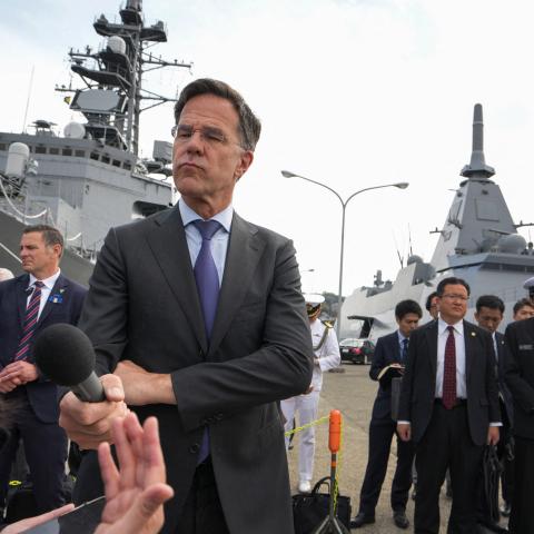 NATO Secretary General Mark Rutte at the Japan Maritime Self-Defense Force's Yokosuka Base, in Yokosuka, Kanagawa prefecture on April 8, 2025. (Kazuhiro Nogi via Getty Images)