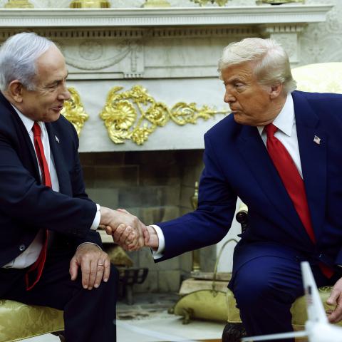 President Donald Trump shakes hands with Israeli Prime Minister Benjamin Netanyahu during a meeting in the Oval Office on April 7, 2025. (Kevin Dietsch via Getty Images)
