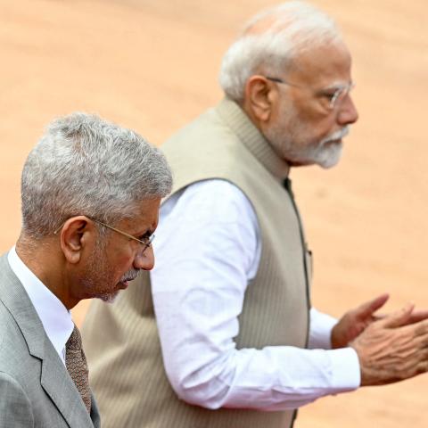 India's Prime Minister Narendra Modi and Foreign Minister Subrahmanyam Jaishankar attend the ceremonial reception of Angola's President Joao Lourenco at the presidential palace Rashtrapati Bhavan in New Delhi on May 3, 2025. (Money Sharma via Getty Images)