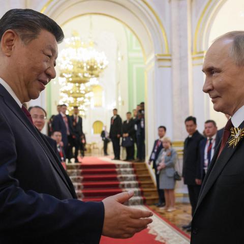 Russian President Vladimir Putin and Chinese President Xi Jinping attend a festive reception for foreign leaders attending celebrations of Victory Day on May 9, 2025. (Getty Images)