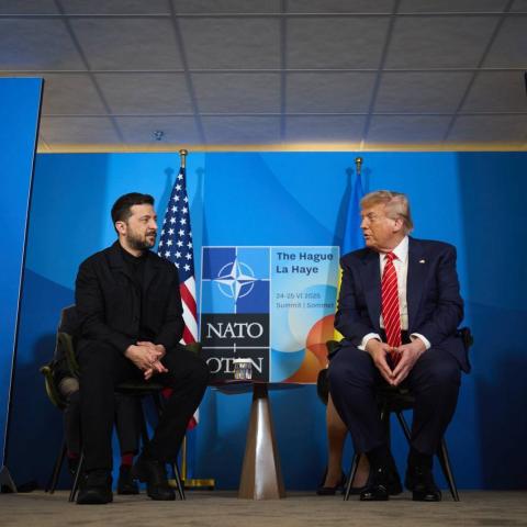 US President Donald Trump and Ukrainian President Volodymyr Zelenskyy meet during the NATO Heads of State and Government Summit in The Hague, Netherlands, on June 25, 2025. (Zelenskiy via Getty Images)