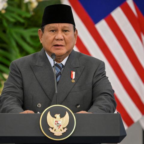 Indonesian President Prabowo Subianto and Malaysian Prime Minister Anwar Ibrahim (not pictured) hold a joint press conference following their meeting at the Merdeka Palace in Jakarta on June 27, 2025. (Bay Ismoyo via Getty Images)