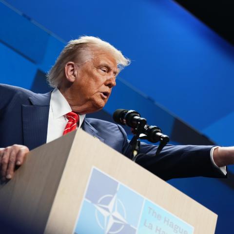President Donald Trump speaks to the press following the NATO summit on June 25, 2025, in The Hague, Netherlands. (Andrew Harnik via Getty Images)