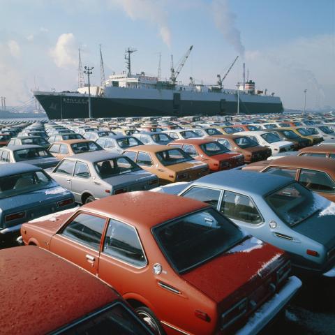 Exporting cars line up at Toyota Pier of Nagoya Port circa December 1976, in Nagoya, Aichi, Japan. (Asahi Shimbun via Getty Images)