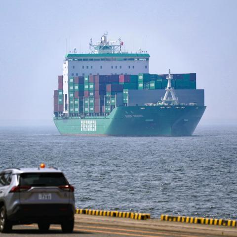 A cargo ship arrives at the international cargo terminal at the port of Tokyo on July 8, 2025. (Kazuhiro Nogi via Getty Images)