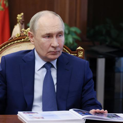 Russia’s President Vladimir Putin holds a meeting on education issues at the Kremlin in Moscow on July 10, 2025. (Mikhail Metzel via Getty Images)