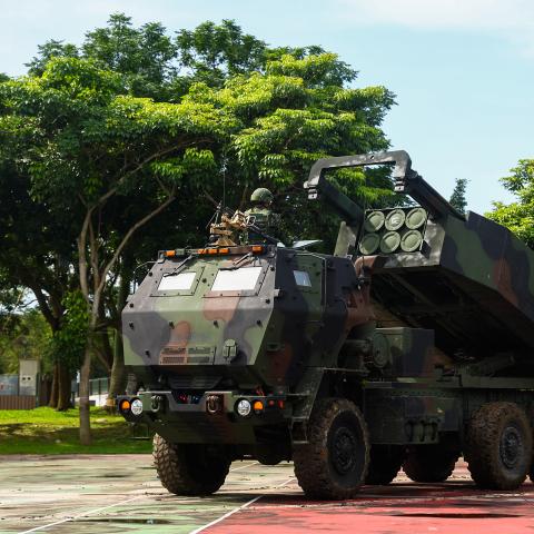 Taiwanese soldiers of the 58th Artillery Command mobilize a HIMARS missile system to a tactical position as part of the ongoing Han Kuang military exercise in Taichung, Taiwan, on July 12, 2025. (Daniel Ceng via Getty Images)