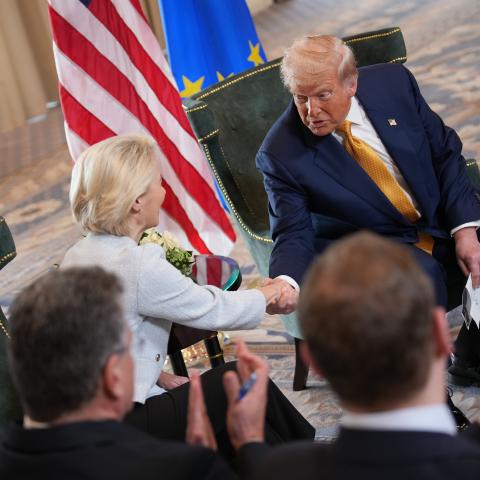 President Donald Trump shakes hands with President of the European Commission Ursula von der Leyen as he announces a trade deal with the EU at Trump Turnberry golf club on July 27, 2025, in Turnberry, Scotland. (Andrew Harnik via Getty Images)