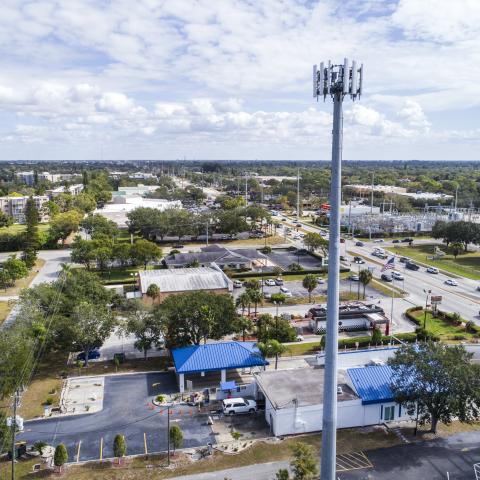 An aerial view shows a cell phone tower in Bradenton, Florida, on December 13, 2017. (Jeffrey Greenberg via Getty Images)