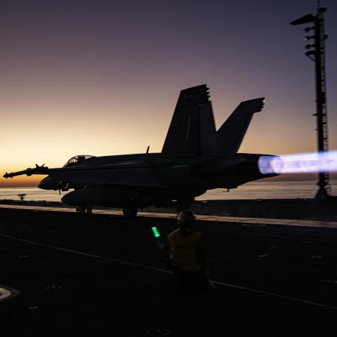 An F/A-18E Super Hornet takes off from the flight deck the USS George Washington while underway in the Timor Sea on July 15, 2025, during Talisman Sabre, the largest bilateral military exercise between Australia and the United States. (US Navy photo)