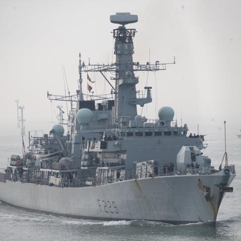 The Royal Navy type 23 frigate HMS Lancaster coming into Portsmouth Harbour on March 31, 2021. (Andrew Matthews via Getty Images)