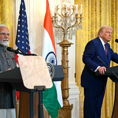 President Donald Trump and Indian Prime Minister Narendra Modi hold a joint press conference in the White House on February 13, 2025. (Andrew Caballero-Reynolds via Getty Images)