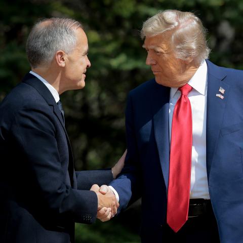 KANANASKIS, ALBERTA - JUNE 16: Canadian Prime Minister Mark Carney greets U.S. President Donald Trump at the official welcome ceremony during the G7 Leaders' Summit on June 16, 2025 in Kananaskis, Alberta. Canada is hosting this year's meeting of the world's seven largest economies. (Photo by Chip Somodevilla/Getty Images)