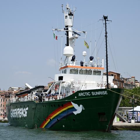 The international environmental group Greenpeace ship Arctic Sunrise is moored in the Venice lagoon in northern Italy on June 22, 2025. (Stefano Rellandini via Getty Images)