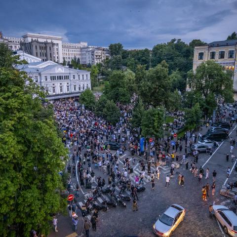 A general view of protesters during a rally against a law that would restrict the independence of anti‑corruption institutions on July 22, 2025, in Kyiv, Ukraine. (Dan Bashakov via Getty Images)