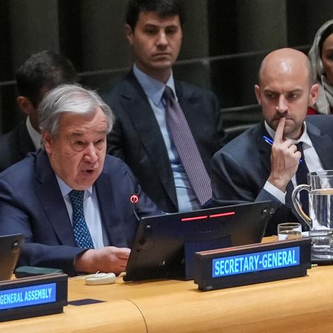 UN Secretary General Antonio Guterres makes a speech as he attends the three-day International Palestine Conference, led by France and Saudi Arabia and attended by Turkiye at the United Nations Trusteeship Council in New York on July 28, 2025. (Selcuk Acar via Getty Images)