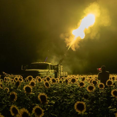 Ukrainian servicemen of a mobile air defense unit fire a Soviet-made ZU-23 anti-aircraft twin autocannon toward a Russian drone during an air attack near Pavlograd, Dnipropetrovsk Oblast, on July 19, 2025. (Roman Pilipey via Getty Images)