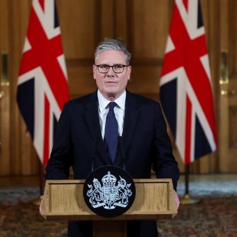 UK Prime Minister Keir Starmer delivers a statement inside No. 10 Downing Street on the day the cabinet was recalled to discuss the situation in Gaza on July 29, 2025, in London, England. (Toby Melville via Getty Images)