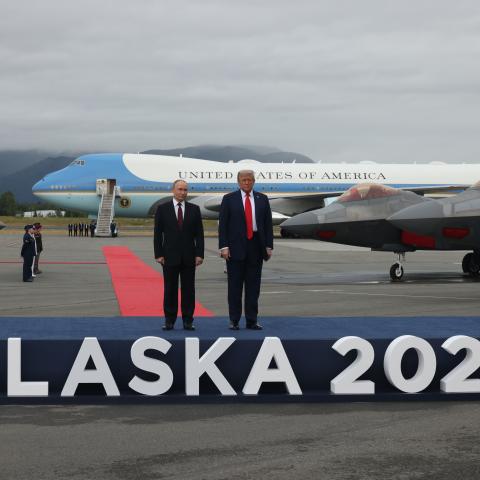 Vladimir Putin and President Donald Trump pose for a photo during the welcoming ceremony prior to their summit on August 15, 2025, in Anchorage, Alaska. (Getty Images)