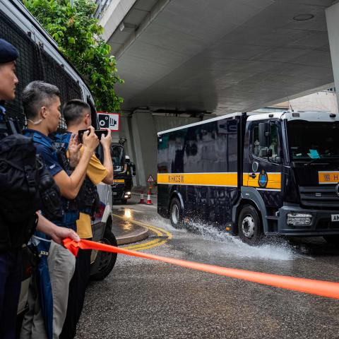 A prison van carrying Jimmy Lai arrives at the West Kowloon Magistrates’ Courts for the closing arguments in his national security trial in Hong Kong on August 18, 2025. (Man Hei Leung via Getty Images)